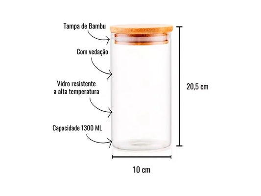 Pote Hermético Médio 1.1L com Tampa de Bambu para Alimentos e Temperos