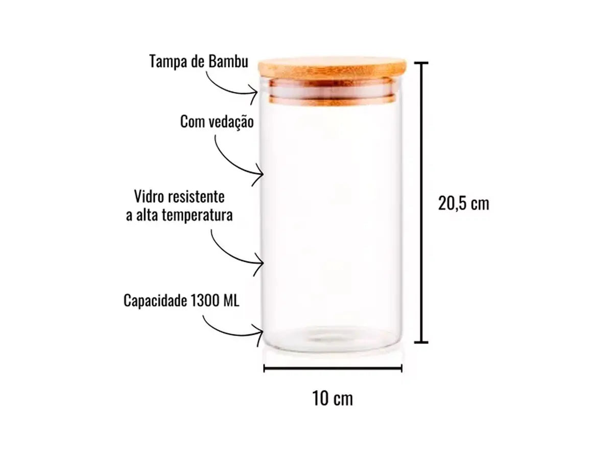 Pote Hermético Médio 1.1L com Tampa de Bambu para Alimentos e Temperos
